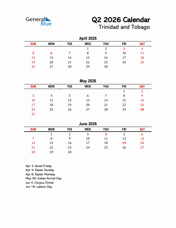 2026 Q2 Calendar with Holidays List for Trinidad and Tobago