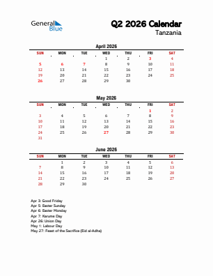 Tanzania Quarter 2  2026 calendar template