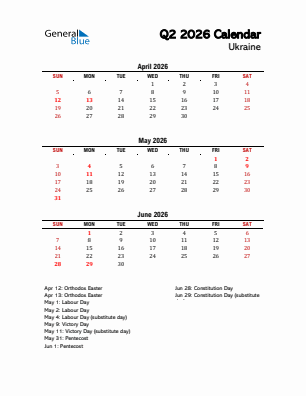 Ukraine Quarter 2  2026 calendar template