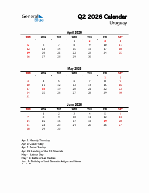Uruguay Quarter 2  2026 calendar template