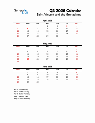 Saint Vincent and the Grenadines Quarter 2  2026 calendar template