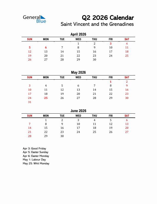 2026 Q2 Calendar with Holidays List for Saint Vincent and the Grenadines