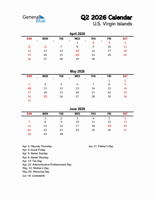 U.S. Virgin Islands Quarter 2  2026 calendar template