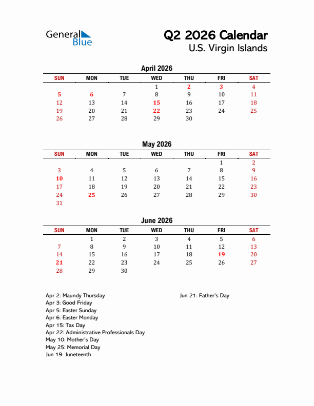 2026 Q2 Calendar with Holidays List for U.S. Virgin Islands