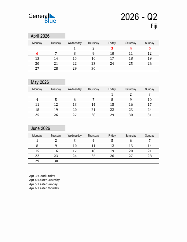 Fiji Quarter 2 2026 Calendar with Holidays