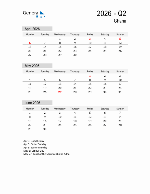 Ghana Quarter 2 2026 Calendar with Holidays