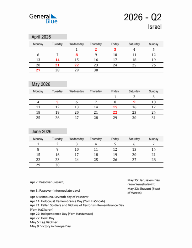 Israel Quarter 2 2026 Calendar with Holidays