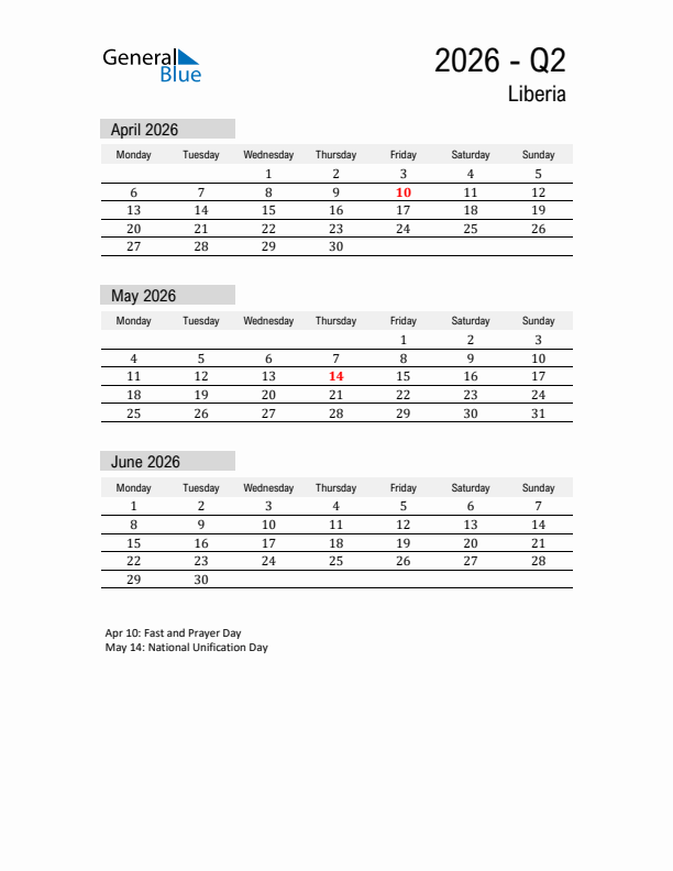 Liberia Quarter 2 2026 Calendar with Holidays