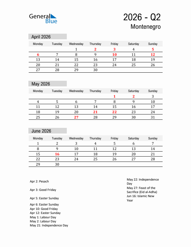 Montenegro Quarter 2 2026 Calendar with Holidays