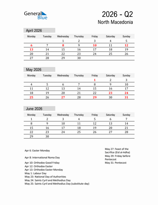 North Macedonia Quarter 2 2026 Calendar with Holidays