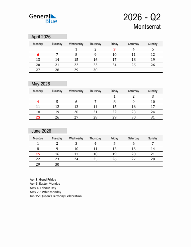 Montserrat Quarter 2 2026 Calendar with Holidays