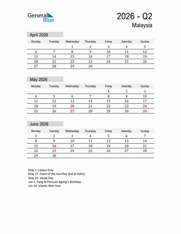 Malaysia Quarter 2 2026 Calendar with Holidays