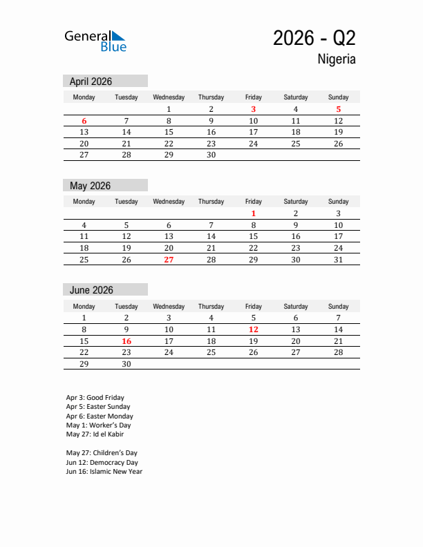 Nigeria Quarter 2 2026 Calendar with Holidays