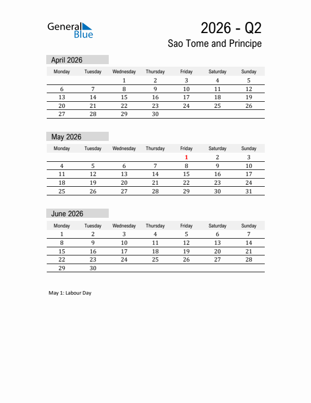 Sao Tome and Principe Quarter 2 2026 Calendar with Holidays