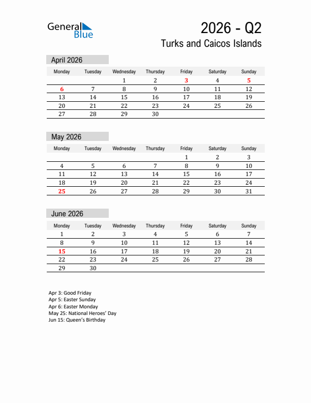 Turks and Caicos Islands Quarter 2 2026 Calendar with Holidays
