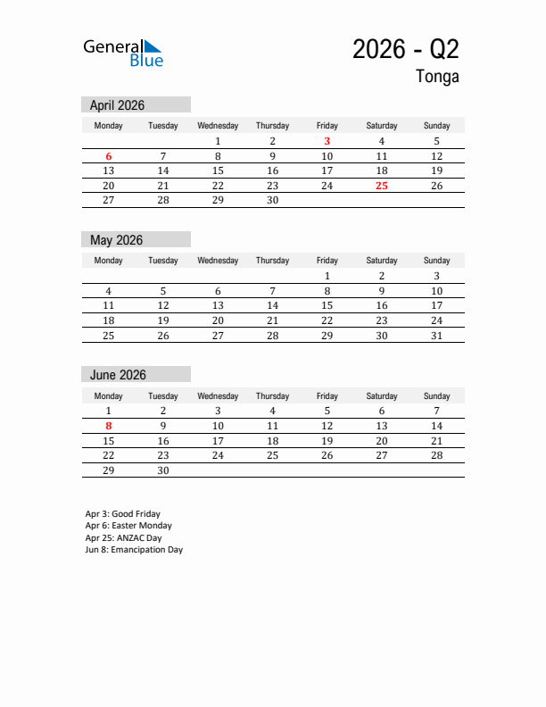 Tonga Quarter 2 2026 Calendar with Holidays