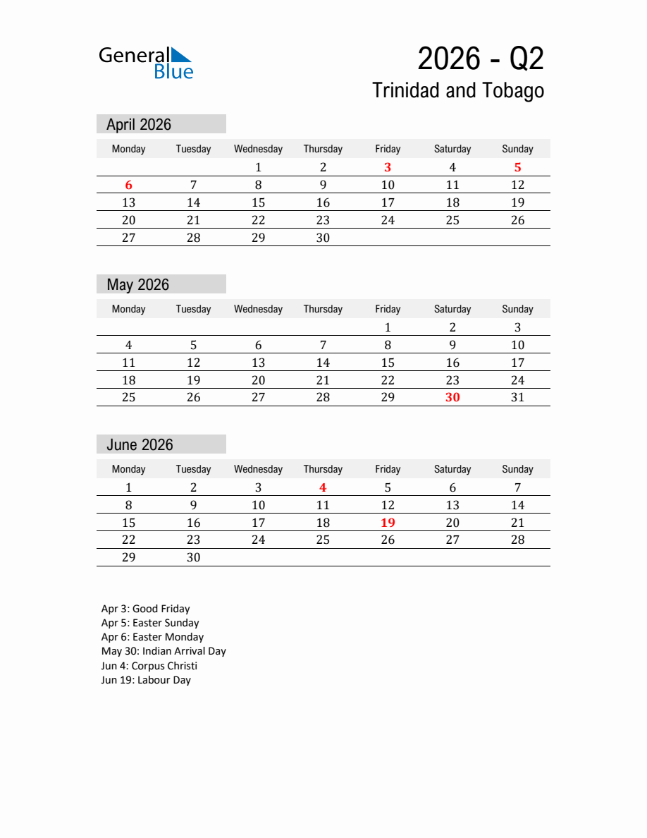 Trinidad and Tobago Quarter 2 2026 Calendar with Holidays - Monday Start
