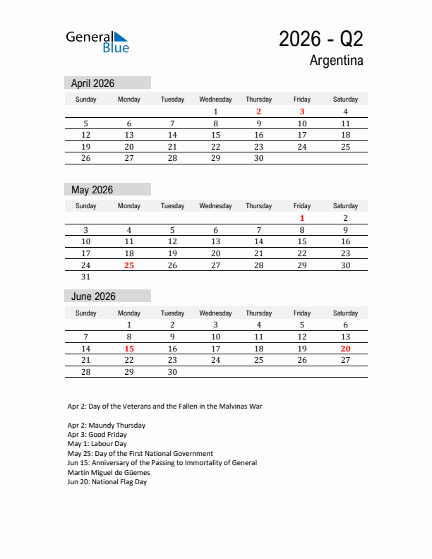 Argentina Quarter 2 2026 Calendar with Holidays