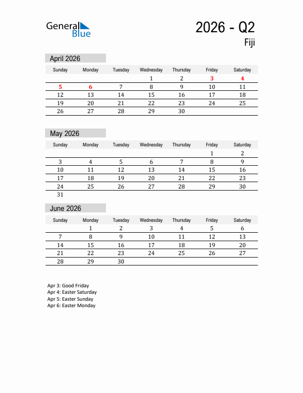 Fiji Quarter 2 2026 Calendar with Holidays