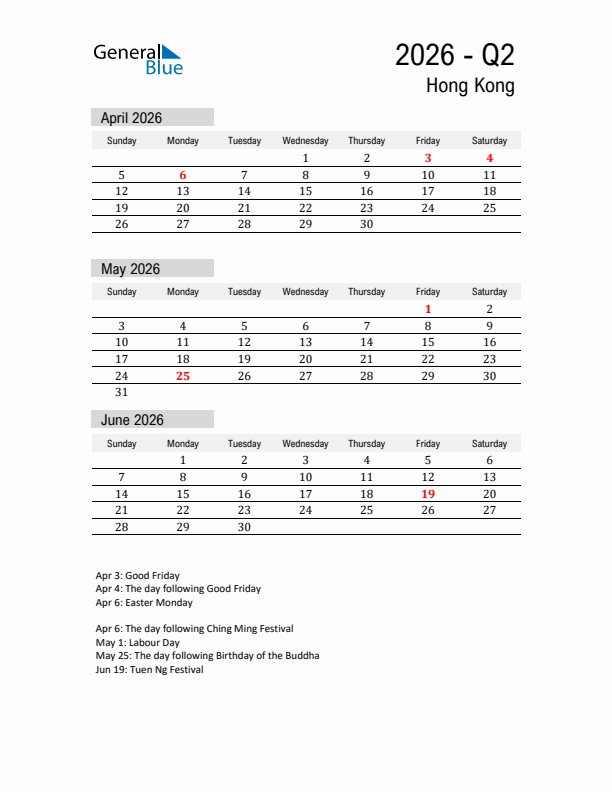 Hong Kong Quarter 2 2026 Calendar with Holidays