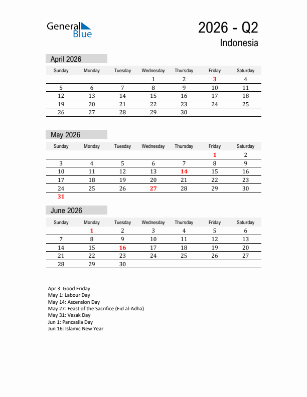 Indonesia Quarter 2 2026 Calendar with Holidays