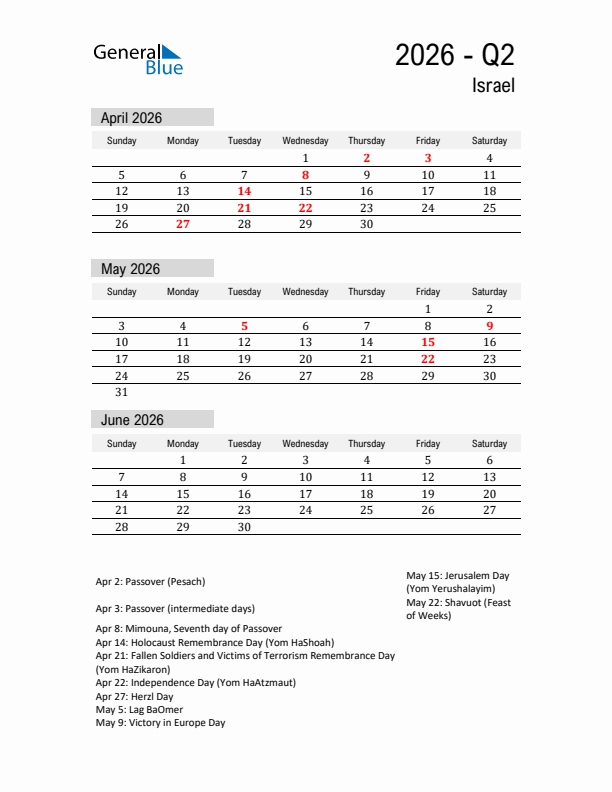 Israel Quarter 2 2026 Calendar with Holidays