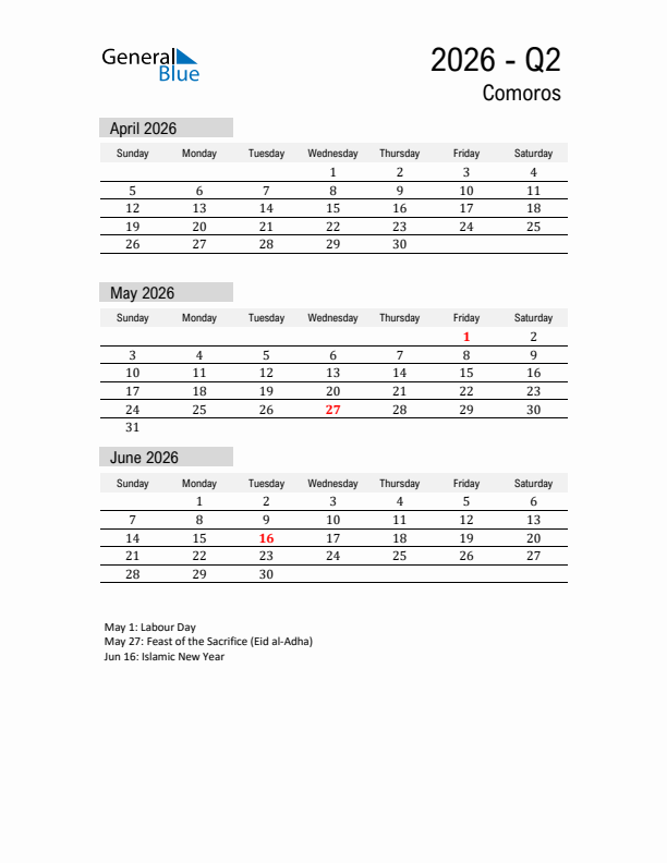 Comoros Quarter 2 2026 Calendar with Holidays
