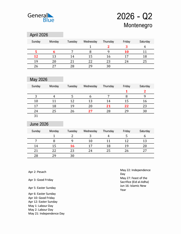 Montenegro Quarter 2 2026 Calendar with Holidays