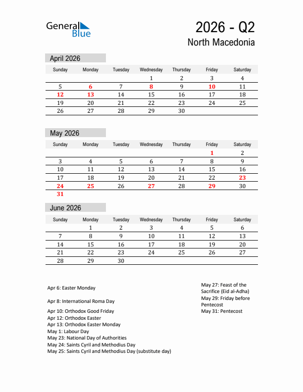 North Macedonia Quarter 2 2026 Calendar with Holidays