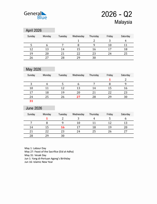 Malaysia Quarter 2 2026 Calendar with Holidays