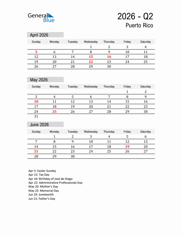 Puerto Rico Quarter 2 2026 Calendar with Holidays