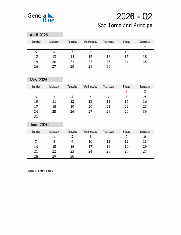 Sao Tome and Principe Quarter 2 2026 Calendar with Holidays