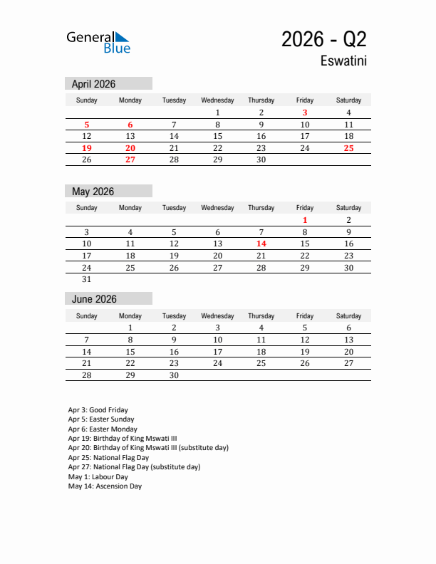 Eswatini Quarter 2 2026 Calendar with Holidays
