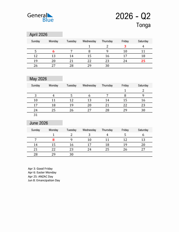 Tonga Quarter 2 2026 Calendar with Holidays
