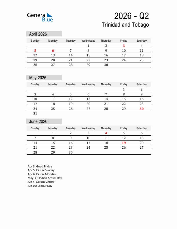 Trinidad and Tobago Quarter 2 2026 Calendar with Holidays