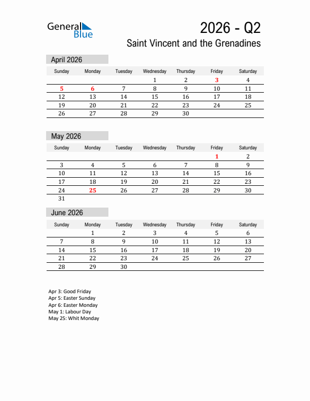Saint Vincent and the Grenadines Quarter 2 2026 Calendar with Holidays