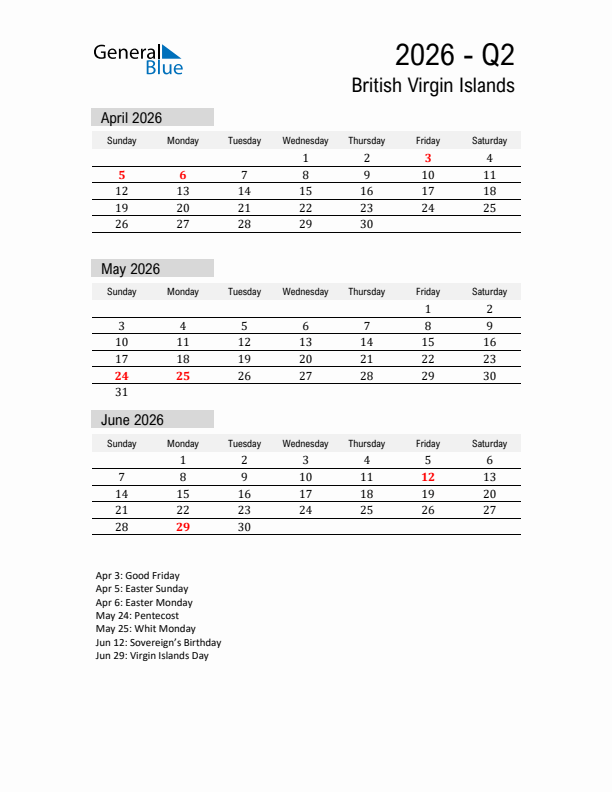 British Virgin Islands Quarter 2 2026 Calendar with Holidays