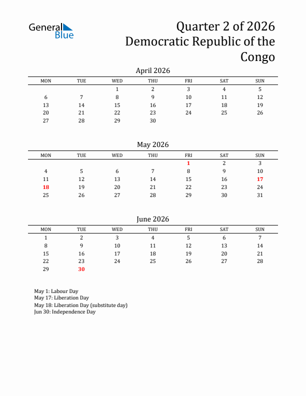 Quarter 2 2026 Democratic Republic of the Congo Quarterly Calendar