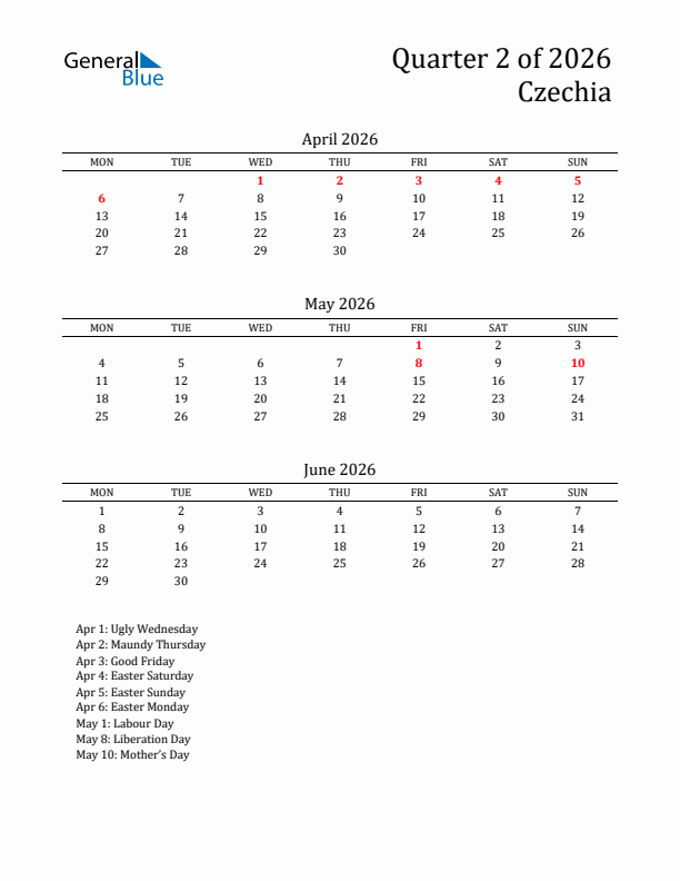 Quarter 2 2026 Czechia Quarterly Calendar