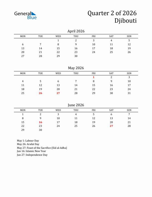 Quarter 2 2026 Djibouti Quarterly Calendar