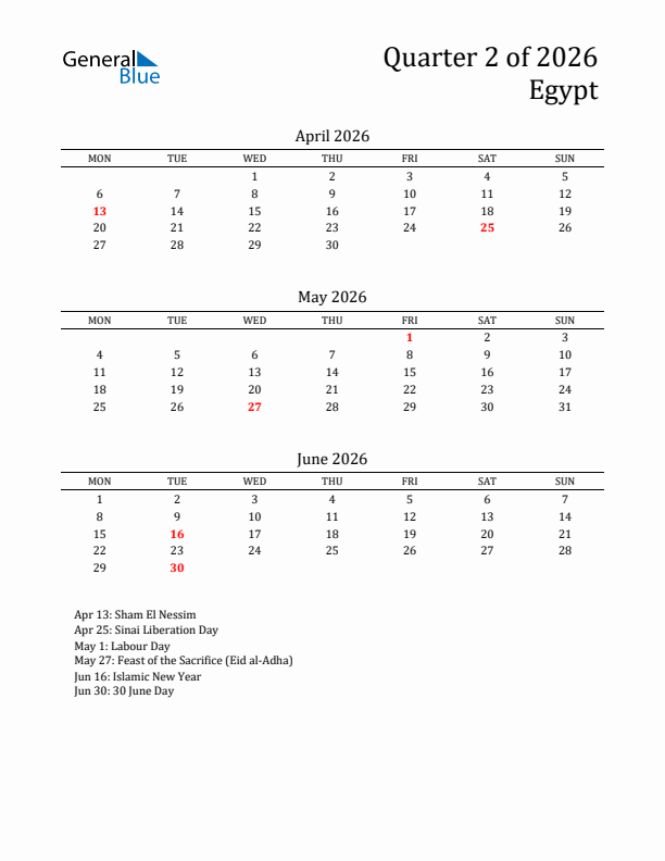 Quarter 2 2026 Egypt Quarterly Calendar