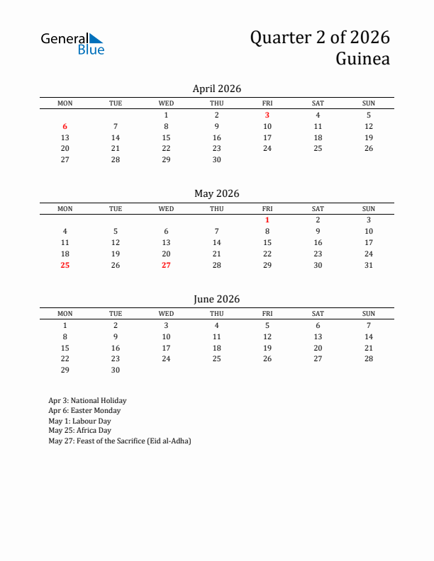 Quarter 2 2026 Guinea Quarterly Calendar