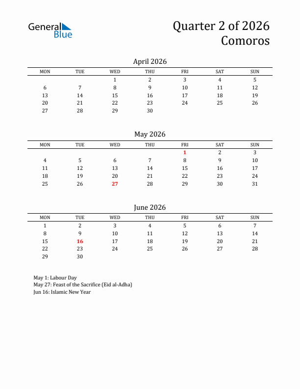 Quarter 2 2026 Comoros Quarterly Calendar