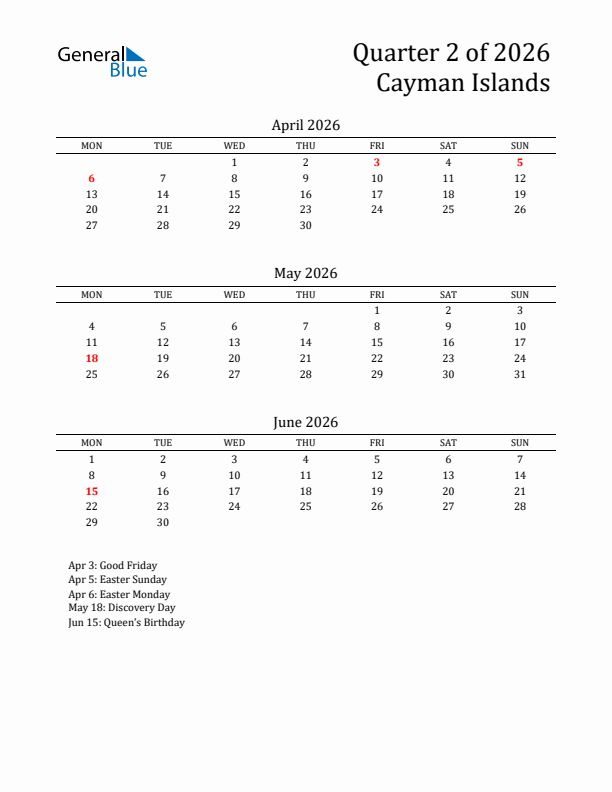 Quarter 2 2026 Cayman Islands Quarterly Calendar