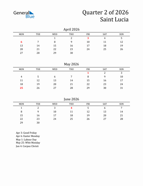 Quarter 2 2026 Saint Lucia Quarterly Calendar