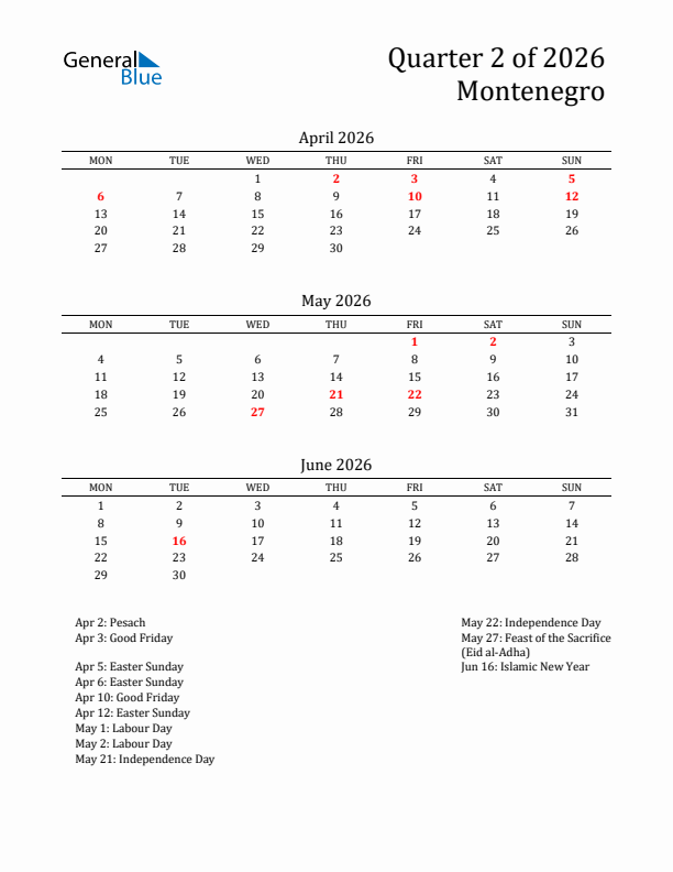Quarter 2 2026 Montenegro Quarterly Calendar