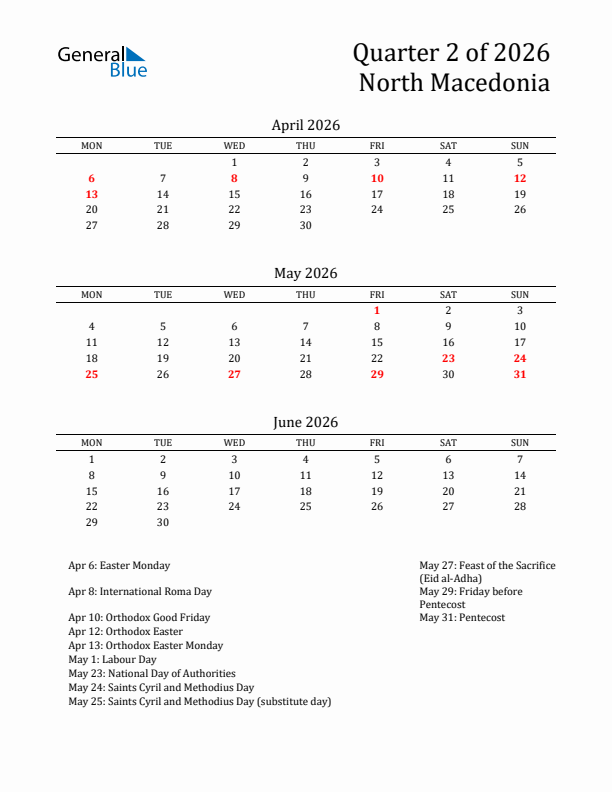 Quarter 2 2026 North Macedonia Quarterly Calendar