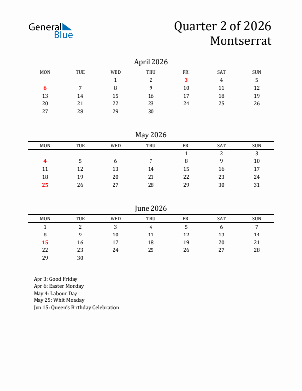 Quarter 2 2026 Montserrat Quarterly Calendar