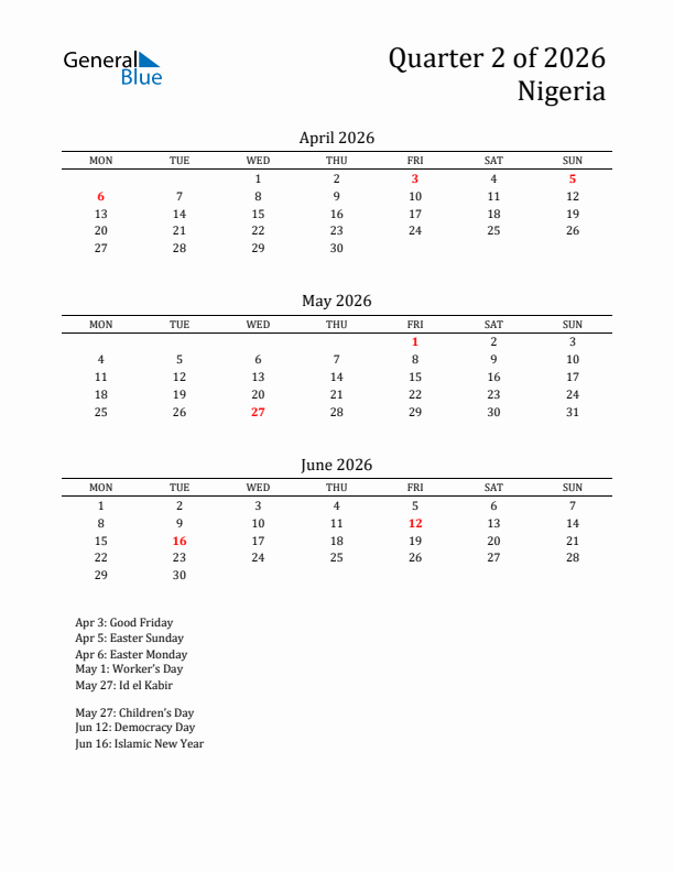 Quarter 2 2026 Nigeria Quarterly Calendar