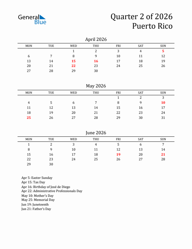 Quarter 2 2026 Puerto Rico Quarterly Calendar